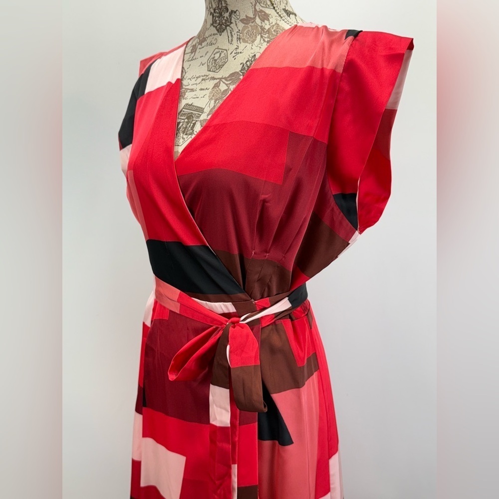 HUTCH Red and pink geometric print color block wrap midi dress size XL - Picture 4 of 16
